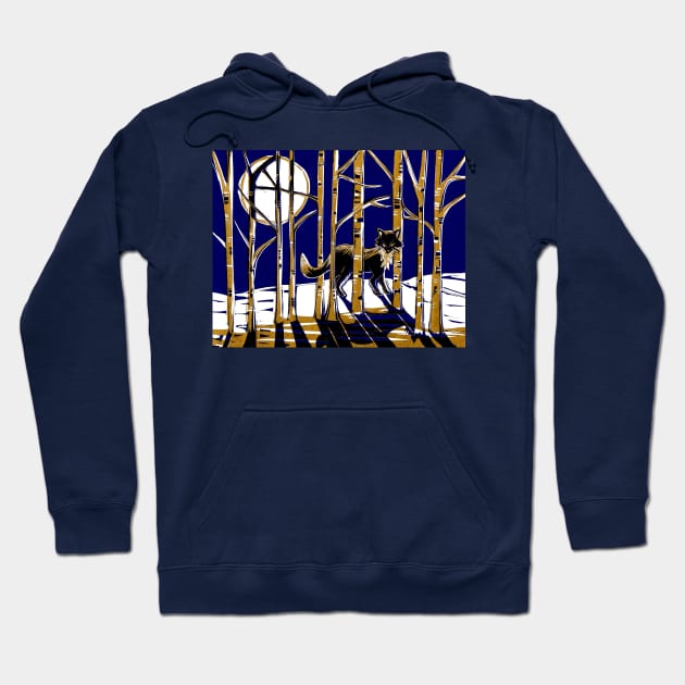 Fox in Moonlit Forest Linocut in blue and gold Hoodie by Maddybennettart